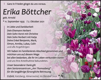 Traueranzeige von Erika Böttcher von Südthüringer Presse