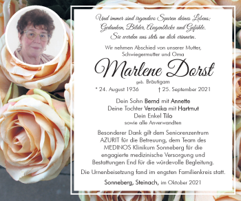 Traueranzeige von Marlene Dorst von Südthüringer Presse