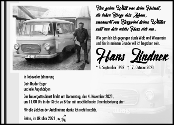 Traueranzeige von Hans Lindner von Südthüringer Presse