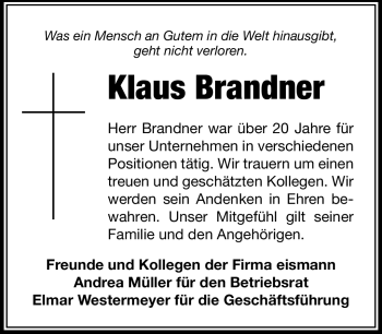 Traueranzeige von Klaus Brandner von Neue Presse Coburg
