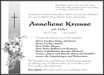 Traueranzeige von Anneliese Krause von Südthüringer Presse