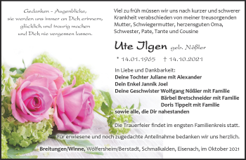 Traueranzeige von Ute Ilgen von Südthüringer Presse