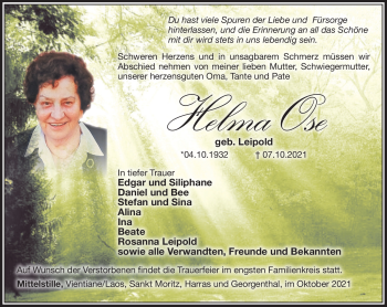 Traueranzeige von Helma Ose von Südthüringer Presse