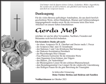 Traueranzeige von Gerda Meß von Südthüringer Presse