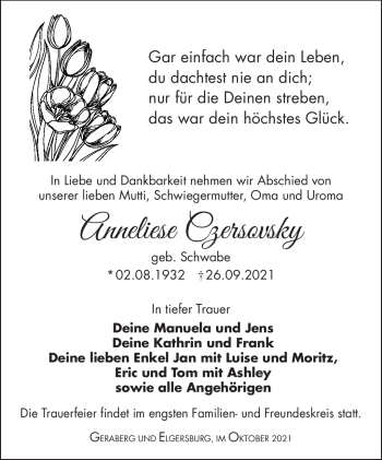 Traueranzeige von Anneliese Czersovsky von Südthüringer Presse