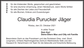 Traueranzeige von Claudia Purucker Jäger von Frankenpost
