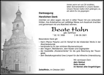 Traueranzeige von Beate Hahn von Südthüringer Presse