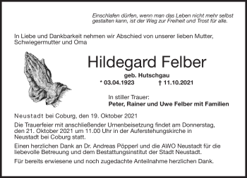 Traueranzeige von Hildegard Felber von Neue Presse Coburg