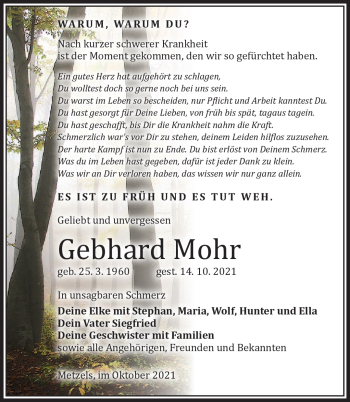 Traueranzeige von Gebhard Mohr von Südthüringer Presse