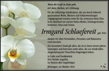 Traueranzeige von Irmgard Schlaefereit von Südthüringer Presse