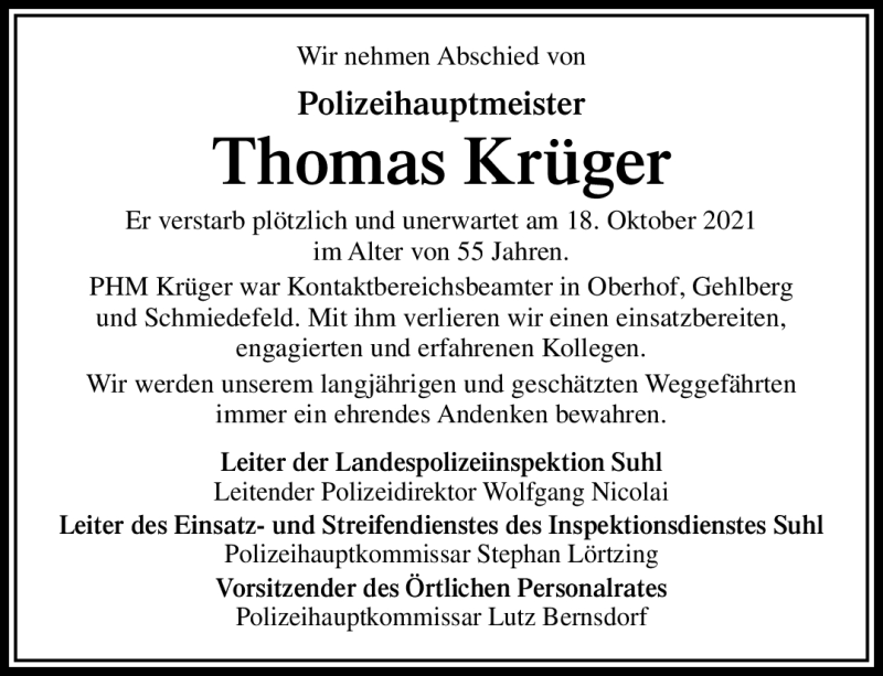  Traueranzeige für Thomas Krüger vom 23.10.2021 aus Südthüringer Presse
