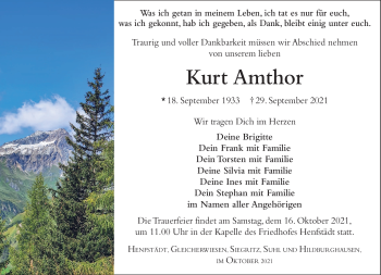 Traueranzeige von Kurt Amthor von Südthüringer Presse
