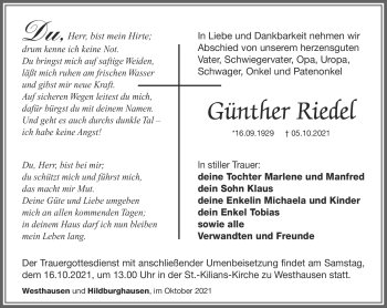 Traueranzeige von Günther Riedel von Südthüringer Presse