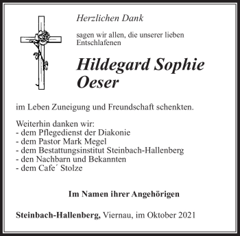 Traueranzeige von Hildegard Oester von Südthüringer Presse