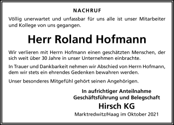 Traueranzeige von Roland Hofmann von Frankenpost