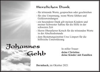 Traueranzeige von Johannes Gehb von Südthüringer Presse