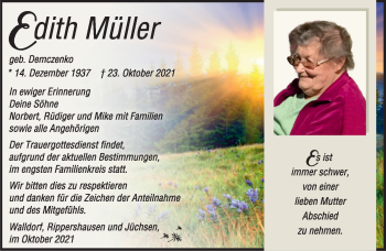 Traueranzeige von Edith Müller von Südthüringer Presse