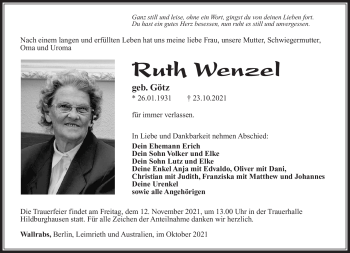 Traueranzeige von Ruth Wenzel von Südthüringer Presse