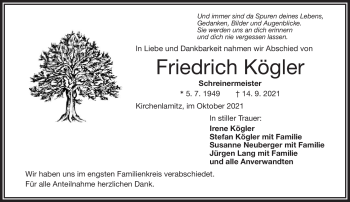 Traueranzeige von Friedrich Kögler von Frankenpost