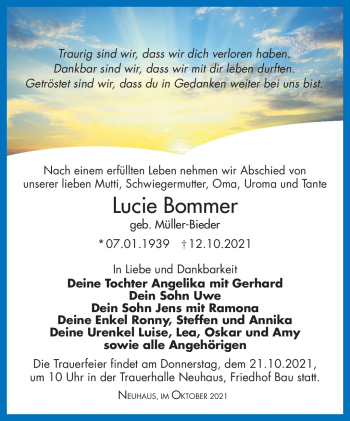 Traueranzeige von Lucie Bommer von Südthüringer Presse