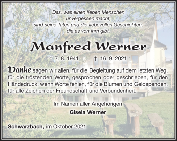 Traueranzeige von Manfred Werner von Südthüringer Presse