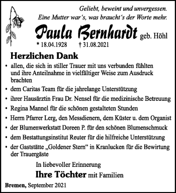 Traueranzeige von Paula Bernhardt von Südthüringer Presse
