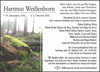 Traueranzeige von Hartmut Weißenborn von Südthüringer Presse