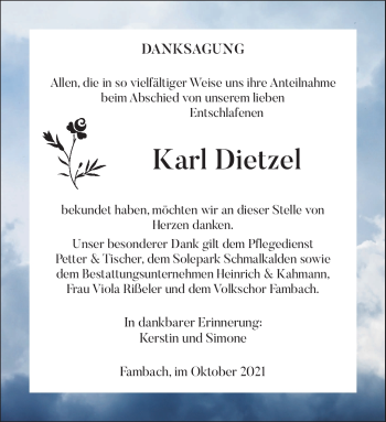 Traueranzeige von Karl Dietzel von Südthüringer Presse
