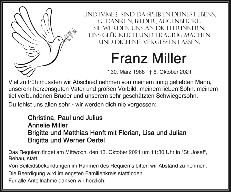  Traueranzeige für Franz Miller vom 11.10.2021 aus Frankenpost