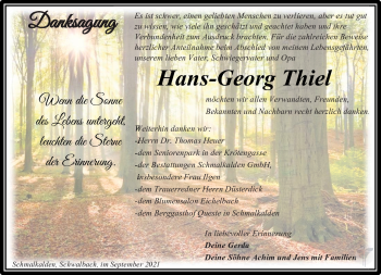 Traueranzeige von Hans-Georg Thiel von Südthüringer Presse
