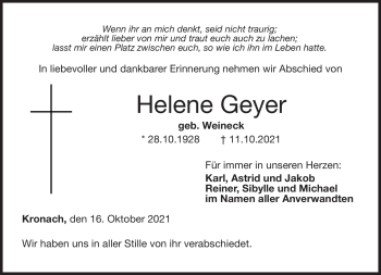 Traueranzeige von Helene Geyer von Neue Presse Coburg