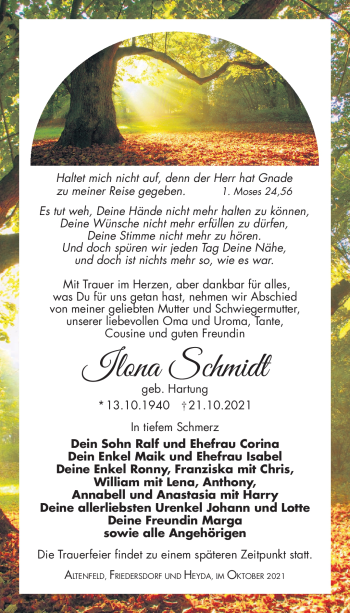 Traueranzeige von Ilona Schmidt von Südthüringer Presse
