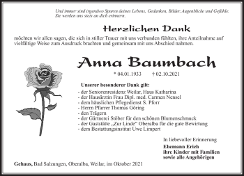 Traueranzeige von Anna Baumbach von Südthüringer Presse