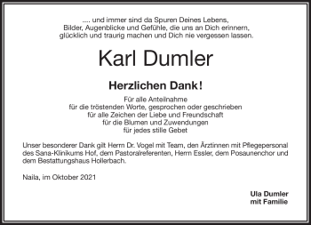 Traueranzeige von Karl Dumler von Frankenpost