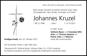 Traueranzeige von Johannes Kruzel von Neue Presse Coburg