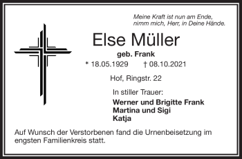 Traueranzeige von Else Müller von Frankenpost