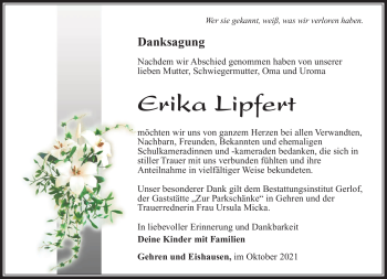 Traueranzeige von Erika Lipfert von Südthüringer Presse