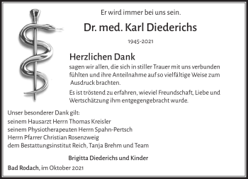 Traueranzeige von Dr. med. Karl Diederichs von Südthüringer Presse