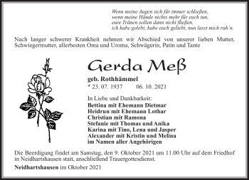 Traueranzeige von Gerda Meß von Südthüringer Presse