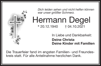 Traueranzeige von Hermann Degel von Frankenpost
