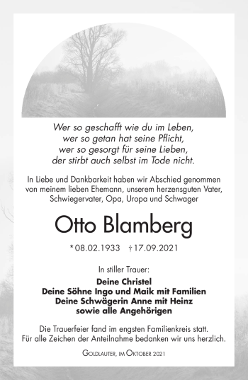 Traueranzeige von Otto Blamberg von Südthüringer Presse