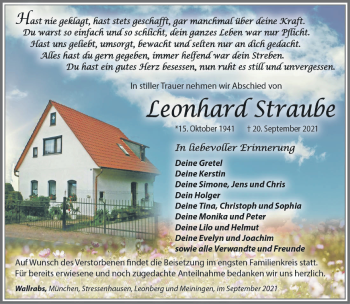 Traueranzeige von Leonhard Straube von Südthüringer Presse