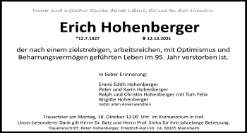 Traueranzeige von Erich Hohenberger von Frankenpost