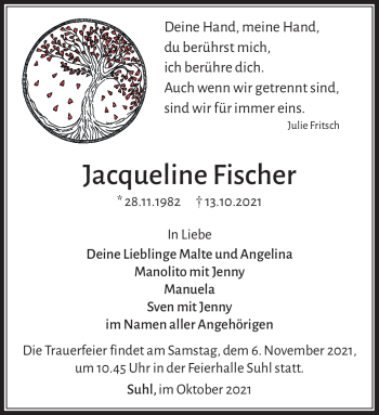 Traueranzeige von Jacqueline Fischer von Südthüringer Presse