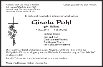 Traueranzeige von Gisela Pohl von Südthüringer Presse