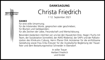 Traueranzeige von Christa Friedrich von Neue Presse Coburg