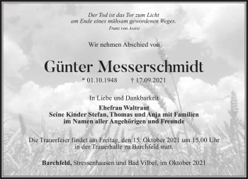 Traueranzeige von Günter Messerschmidt von Südthüringer Presse