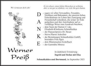 Traueranzeige von Werner Preiß von Südthüringer Presse