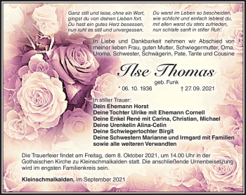 Traueranzeige von Ilse Thomas von Südthüringer Presse