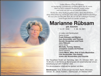 Traueranzeige von Marianne Rübsam von Südthüringer Presse